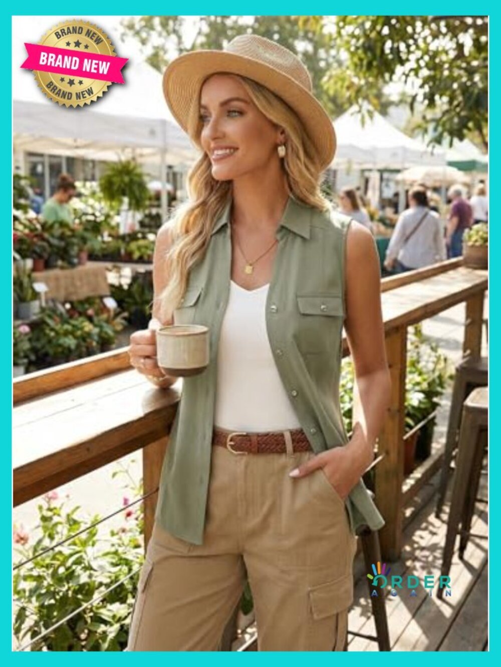 Sleeveless Button Down Blouse V-Neck Chic Minimal Business Casual Office Wear - Picture 3 of 7